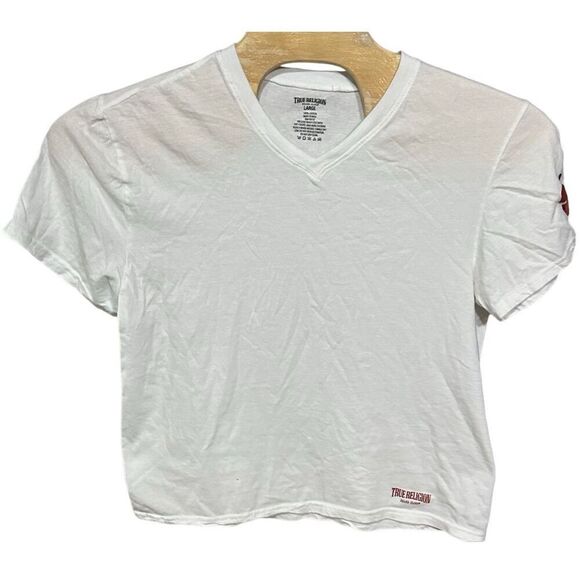 True Religion Large White V Neck T-Shirt Rust Print - Picture 1 of 6